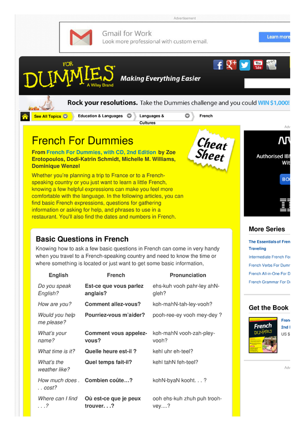French For Dummies Cheat Sheet by Cheatography Download free from
