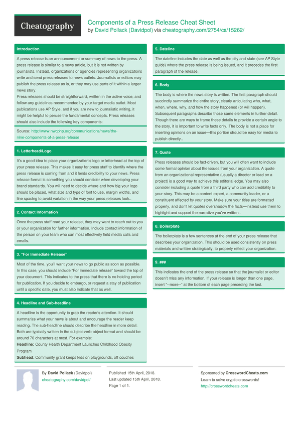 Components of a Press Release Cheat Sheet by Davidpol Download free