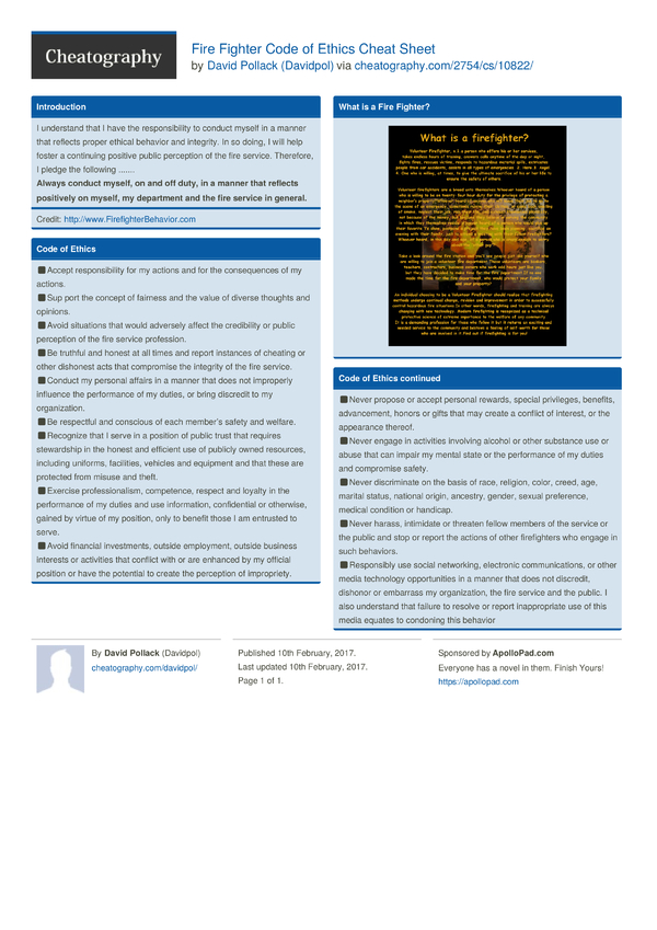 Fire Fighter Code of Ethics Cheat Sheet by Davidpol Download free from Cheatography