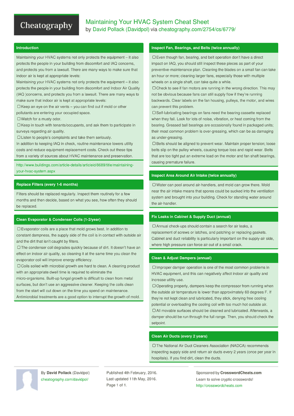 Maintaining Your HVAC System Cheat Sheet by Davidpol Download free