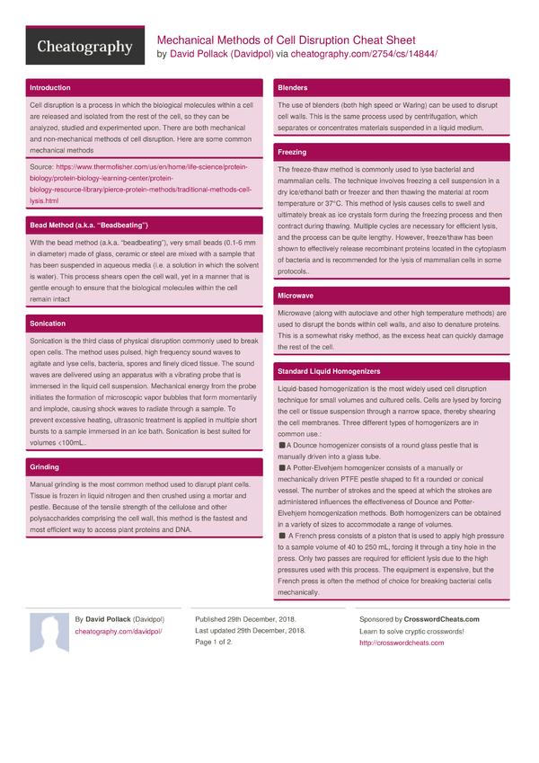 Mechanical Methods of Cell Disruption Cheat Sheet by Davidpol Download free from Cheatography
