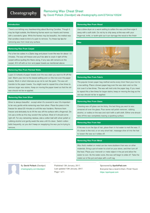 Removing Wax Cheat Sheet by Davidpol Download free from Cheatography Cheat