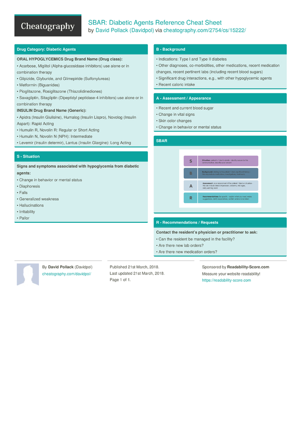 sbar diabetic agents reference cheat sheet by davidpol download free from cheatography diabetic log sheet