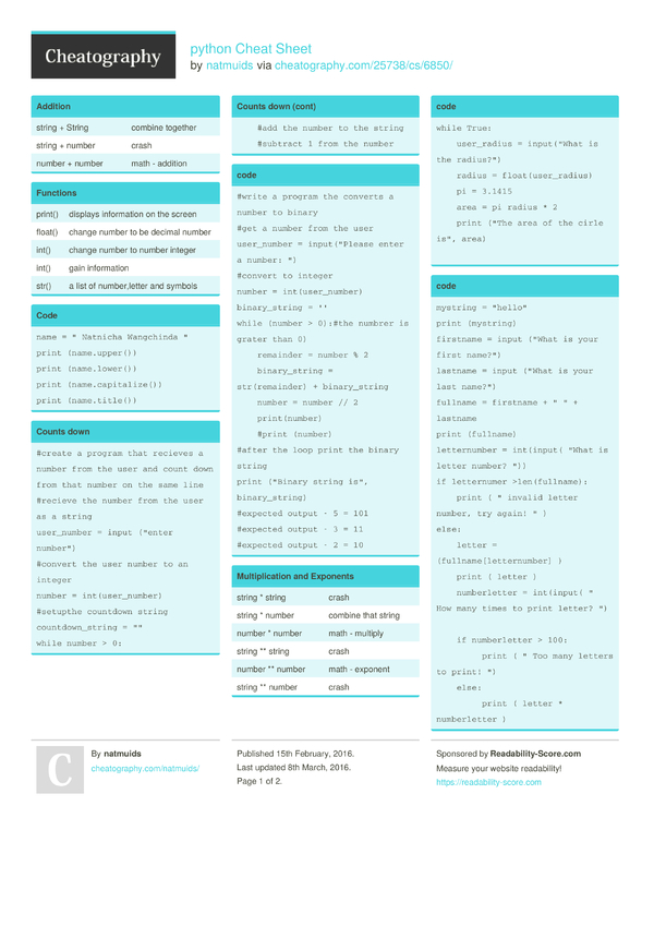 python Cheat Sheet by natmuids - Download free from Cheatography