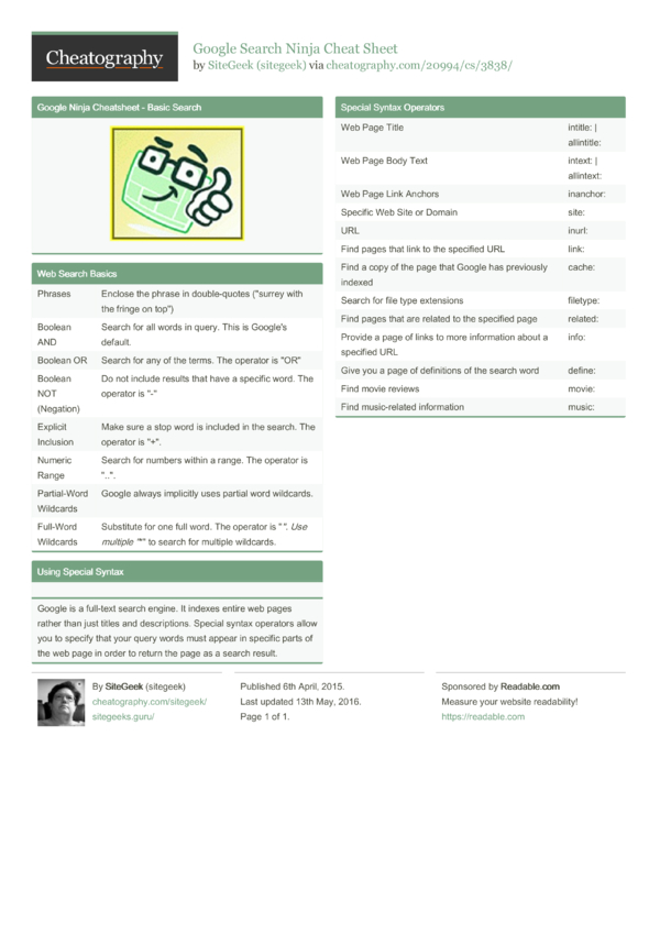 google search ninja cheat sheet by sitegeek download change phrases