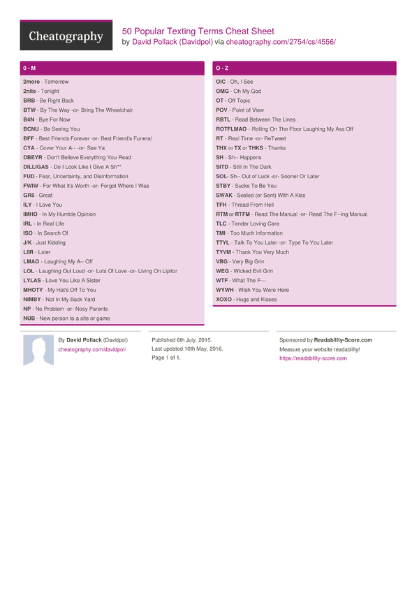 50 Popular Texting Terms Cheat Sheet by Davidpol - Download free from ...