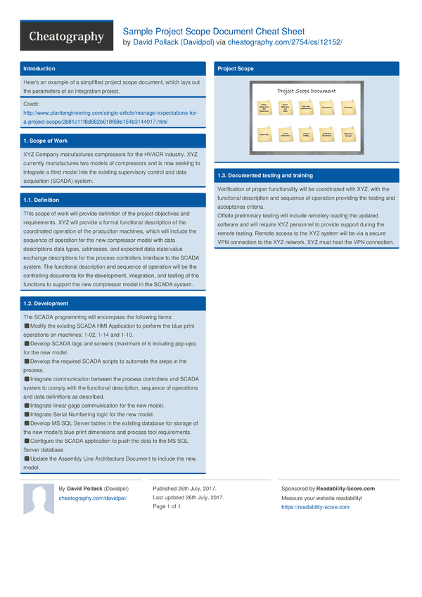 Sample Project Scope Document Cheat Sheet by Davidpol - Download free ...