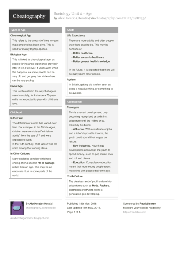Sociology Unit 2 - Age by Horatio - Download free from Cheatography ...