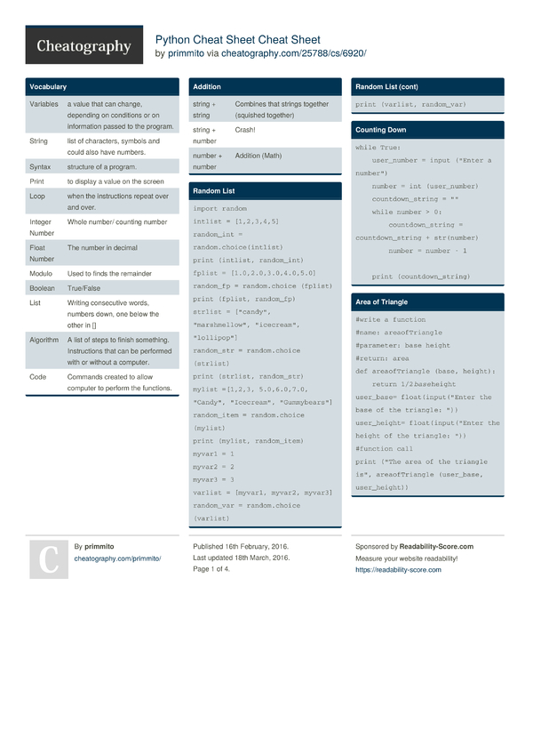 Python Cheat Sheet Cheat Sheet by primmito - Download free from ...